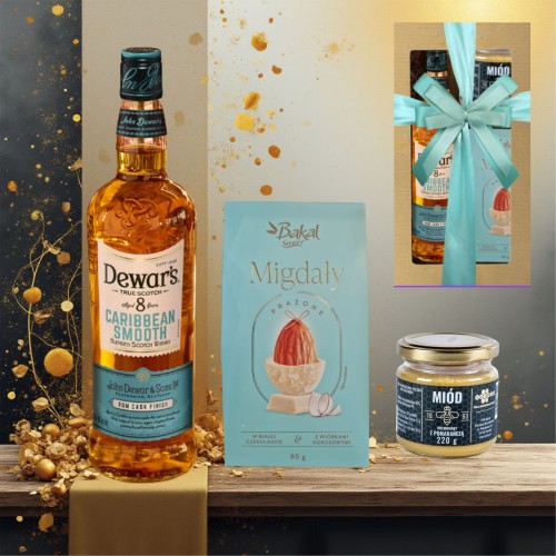 zestaw blekitny dewars caribbean świateczny z kokardą kokardką.jpg