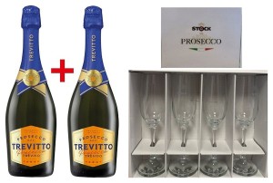 2x Prosecco Treviso Trevitto 11% 0,75 B\PW + Zestaw 4 kieliszków